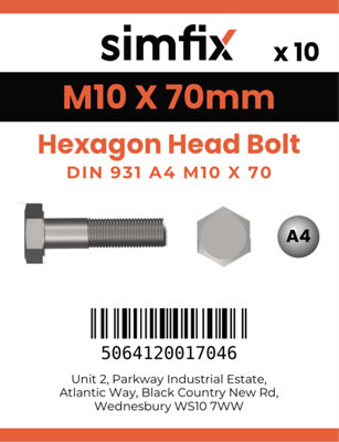 M10 X 70 Hexagon Head Bolt 10 Pack DIN 931 A4-80 A4 Stainless Steel