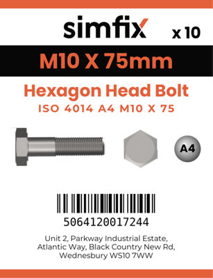 M10 X 75 Hexagon Head Bolt 10 Pack ISO 4014 A4 Stainless Steel