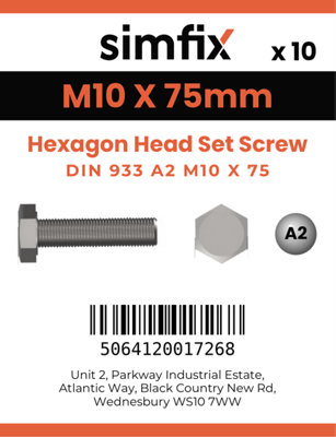 M10 X 75 Hexagon Head Set Screw 10 Pack DIN 933 A2 Stainless Steel