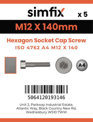 M12 X 140 Hexagon Socket Cap Screw 5 Pack ISO 4762 A4-70 A4 Stainless Steel