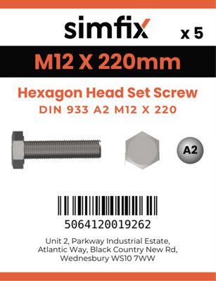 M12 X 220 Hexagon Head Set Screw 5 Pack DIN 933 A2 Stainless Steel