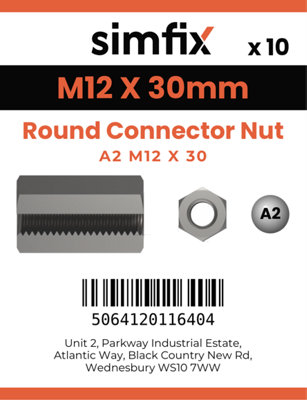 M12 X 30 Round Connector Nut 10 Pack A2 Stainless Steel