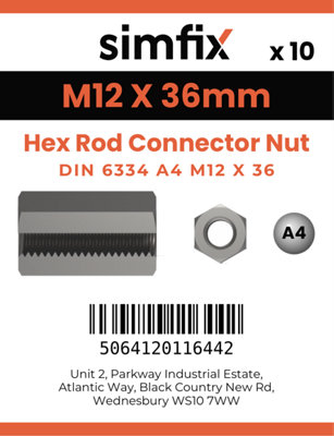 M12 X 36 Hex Rod Connector Nut 10 Pack DIN 6334 A4 Stainless Steel