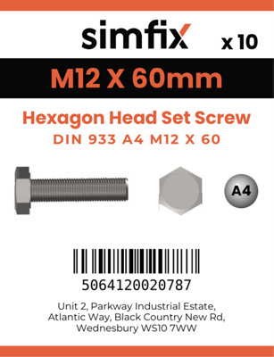 M12 X 60 Hexagon Head Set Screw 10 Pack DIN 933 A4-80 A4 Stainless Steel