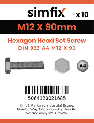 M12 X 90 Hexagon Head Set Screw 10 Pack DIN 933 A4-80 A4 Stainless Steel