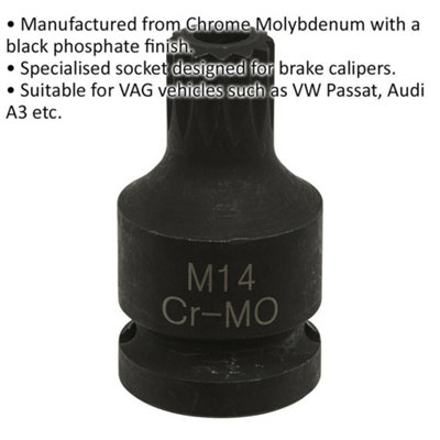 M14 Brake Caliper Spline Bit Socket for 1/2 Inch Drive - Compatible with VW and Audi Vehicles