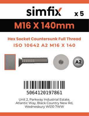 M16 X 140 Hex Socket Countersunk 5 Pack ISO 10642 Full Thread A2 ...