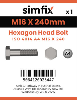 M16 X 240 Hexagon Head Bolt ISO 4014 A4 Stainless Steel