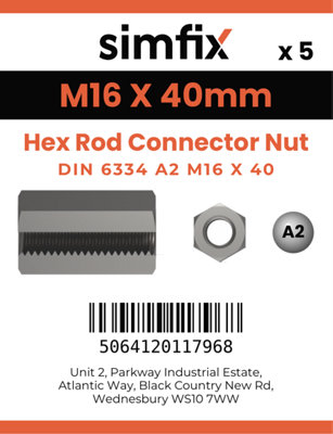 M16 X 40 Hex Rod Connector Nut 5 Pack A2 Stainless Steel
