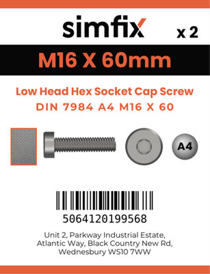 M16 X 60 Low Head Hex Socket Cap Screw 2 Pack DIN 7984 A4 Stainless Steel