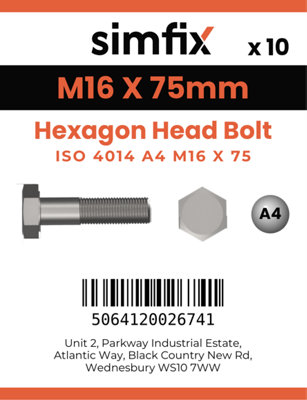 M16 X 75 Hexagon Head Bolt 10 Pack ISO 4014 A4-70 A4 Stainless Steel