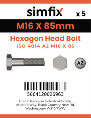 M16 X 85 Hexagon Head Bolt 5 Pack ISO 4014 A2 Stainless Steel