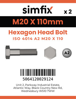 M20 X 110 Hexagon Head Bolt 2 Pack ISO 4014 A2 Stainless Steel