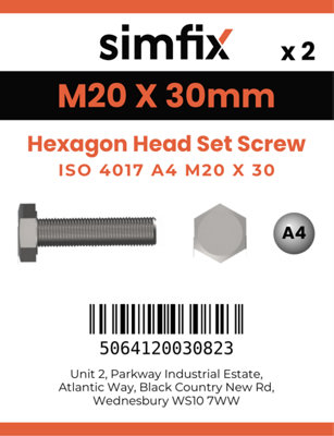 M20 X 30 Hexagon Head Set Screw 2 Pack ISO 4017 A4-80 A4 Stainless Steel