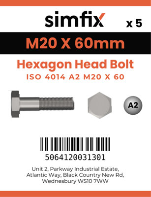 M20 X 60 Hexagon Head Bolt 5 Pack ISO 4014 A2 Stainless Steel