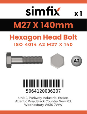 M27 X 140 Hexagon Head Bolt ISO 4014 A2 Stainless Steel