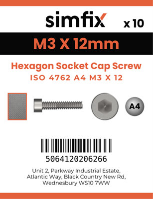 M3 X 12 Hexagon Socket Cap Screw 10 Pack ISO 4762 A4 Stainless Steel