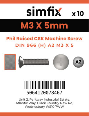 M3 X 5 Phil Raised Csk Machine Screw DIN 966 10 Pack A2 Stainless Steel