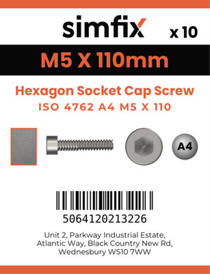 M5 X 110 Hexagon Socket Cap Screw 10 Pack ISO 4762 A4 Stainless Steel