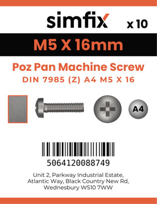 M5 X 16 Poz Pan Machine Screw DIN 7985 10 Pack A4 Stainless Steel