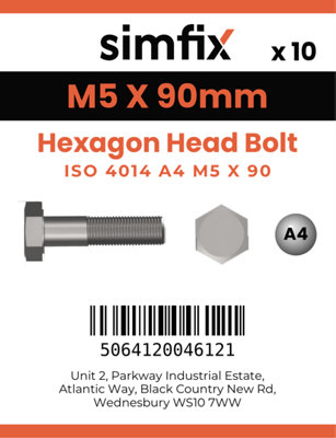 M5 X 90 Hexagon Head Bolt 10 Pack ISO 4014 A4 Stainless Steel