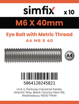M6 X 40 Eye Bolt with Metric Thread 10 Pack A4 Stainless Steel