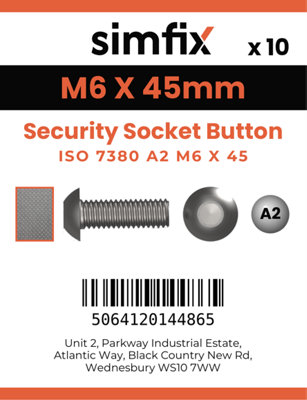 M6 X 45 Security Socket Button 10 Pack ISO 7380-1 A2 Stainless Steel