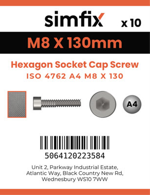 M8 X 130 Hexagon Socket Cap Screw 10 Pack ISO 4762 A4-80 A4 Stainless Steel