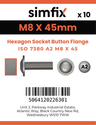 M8 X 45 Hexagon Socket Button Flange 10 Pack ISO 7380-2 A2 Stainless Steel