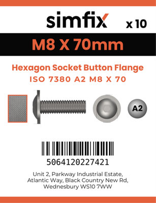 M8 X 70 Hexagon Socket Button Flange 10 Pack ISO 7380-2 A2 Stainless Steel