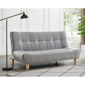 Macey 3 Seater Grey Velvet Recliner Clic Clac Wooden Legs Tufted Back Sofa Bed