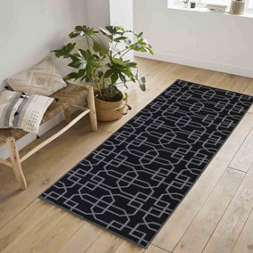 Machine Washable Cubed Trellis Design Anti Slip Doormats Black 80x300 cm