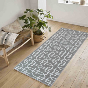 Machine Washable Cubed Trellis Design Anti Slip Doormats Grey Cream 80x300 cm
