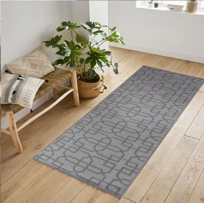 Machine Washable Cubed Trellis Design Anti Slip Doormats Silver 80x300 cm