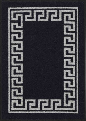 Machine Washable Greek Key Design Anti Slip Doormats Black 160x220 cm