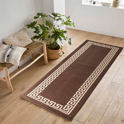 Machine Washable Greek Key Design Anti Slip Doormats Brown 57x90 cm