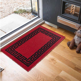 Machine Washable Greek Key Design Anti Slip Doormats Red Black 40x60 cm