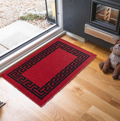 Machine Washable Greek Key Design Anti Slip Doormats Red Black 57x90 cm