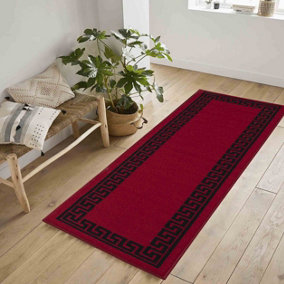 Machine Washable Greek Key Design Anti Slip Doormats Red Black 80x300 cm