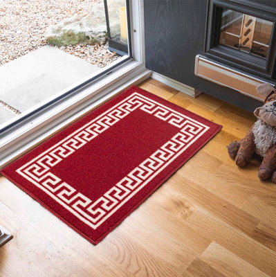 Machine Washable Greek Key Design Anti Slip Doormats Red White 160x220 cm