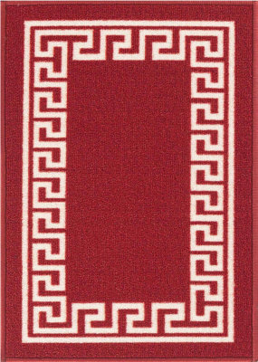 Machine Washable Greek Key Design Anti Slip Doormats Red White 160x220 cm
