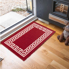 Machine Washable Greek Key Design Anti Slip Doormats Red White 67x120 cm