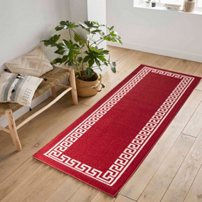 Machine Washable Greek Key Design Anti Slip Doormats Red White 80x300 cm
