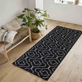 Machine Washable Quatrefoil Design Anti Slip Doormats Black 80x300 cm