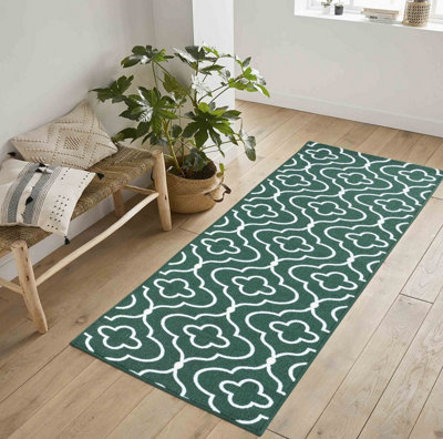 Machine Washable Quatrefoil Design Anti Slip Doormats Emerald 67x220 cm