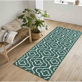 Machine Washable Quatrefoil Design Anti Slip Doormats Emerald 67x220 cm