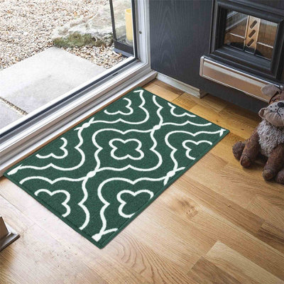 Machine Washable Quatrefoil Design Anti Slip Doormats Emerald 80x150 cm