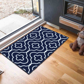 Machine Washable Quatrefoil Design Anti Slip Doormats Navy 120x160 cm