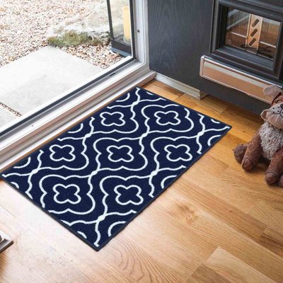 Machine Washable Quatrefoil Design Anti Slip Doormats Navy 67x120 cm