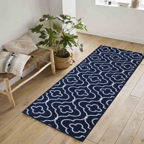Machine Washable Quatrefoil Design Anti Slip Doormats Navy 67x220 cm